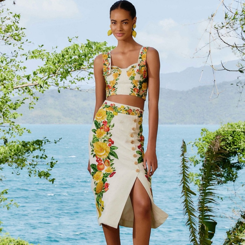 Farm Rio Off-White Picnic Flowers Euroflax Linen Viscose Midi Skirt Floral Butto